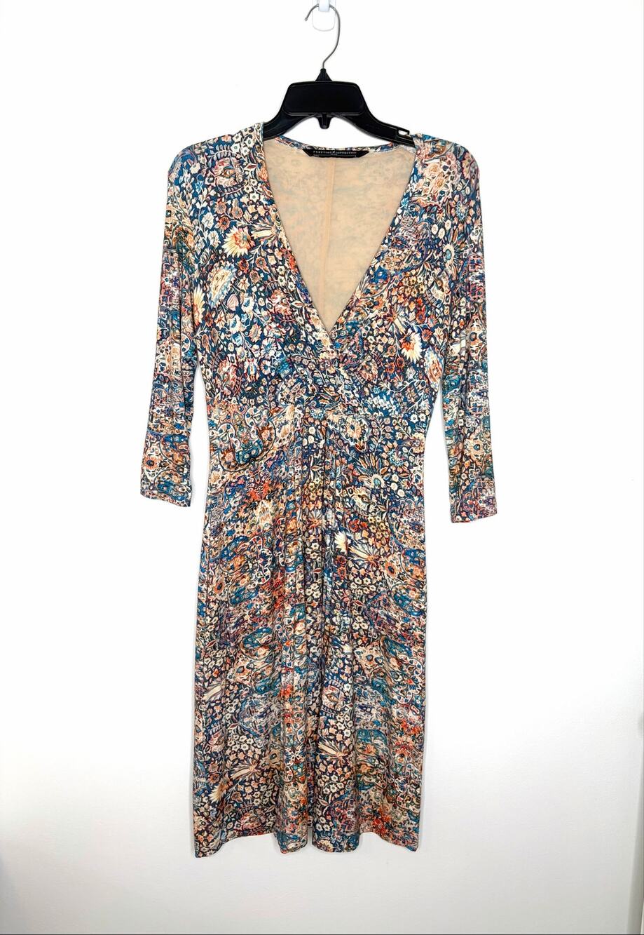 Peruvian Connection Malta Floral Medallions Printed Jersey Dress Sz 8 3/4 sleeve